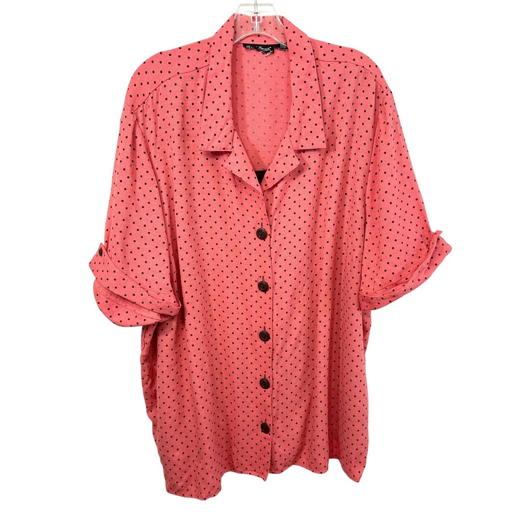 Maggie Barnes Plus Size 3X Top Pink Polka Dot Rockabilly Short Sleeve Office 498